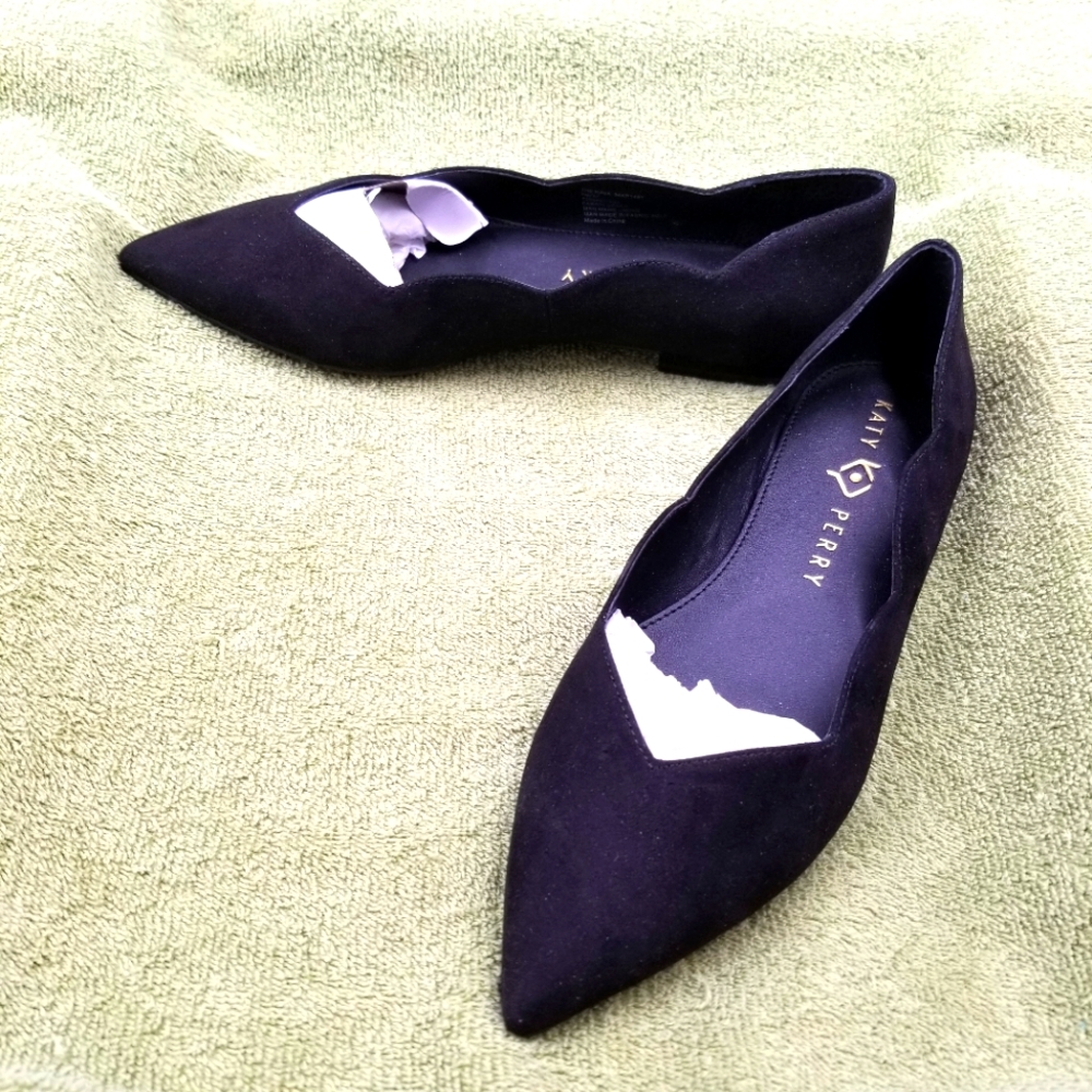 Katy Perry New Womens Black Fabric Flats "The Hava" 7M Scalloped Edge 3/8" Heel